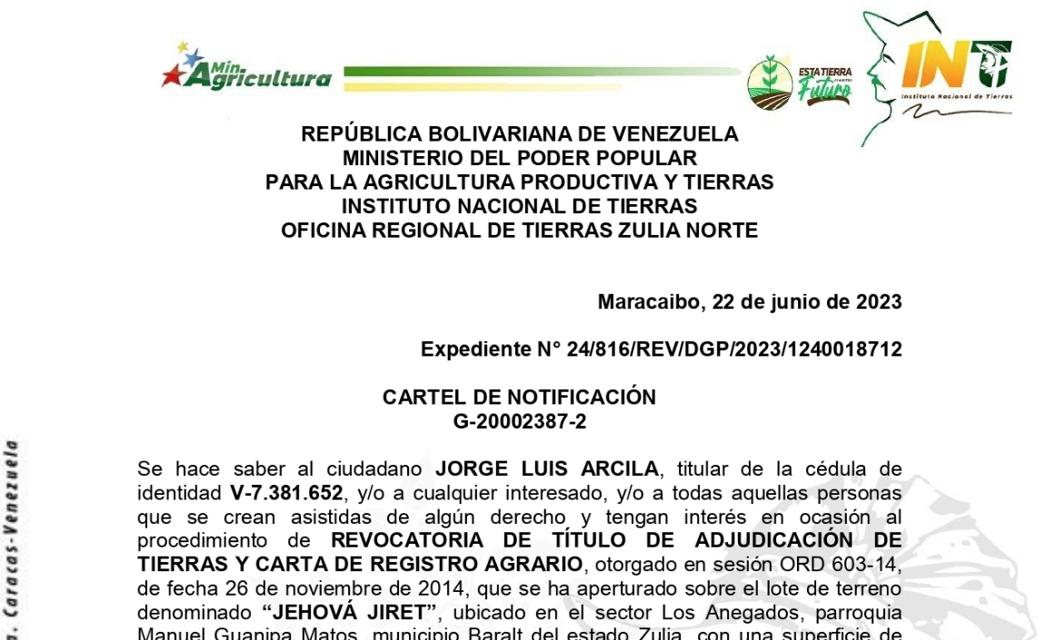 INTI Cartel de Notificación de Revocatoria a Jorge Luis Arcila Qué Pasa