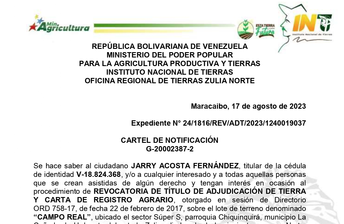 Inti Cartel De Notificaci N De Revocatoria A Jerry Acosta Fern Ndez