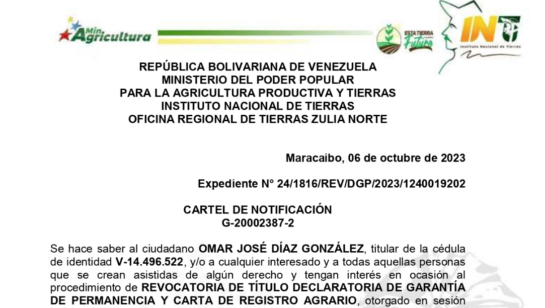 INTI Cartel de Notificación de Revocatoria a Omar José Diáz González