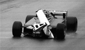 (CPT3-June 15)--Gilles Villeneuve found himself driving blind at the Canadian  Grand Prix in Montreal in 1981 when his front spoiler started peeling off his   Ferrari. Villeneuve ended the race in third place. (CP PHOTO) 1996 (str)