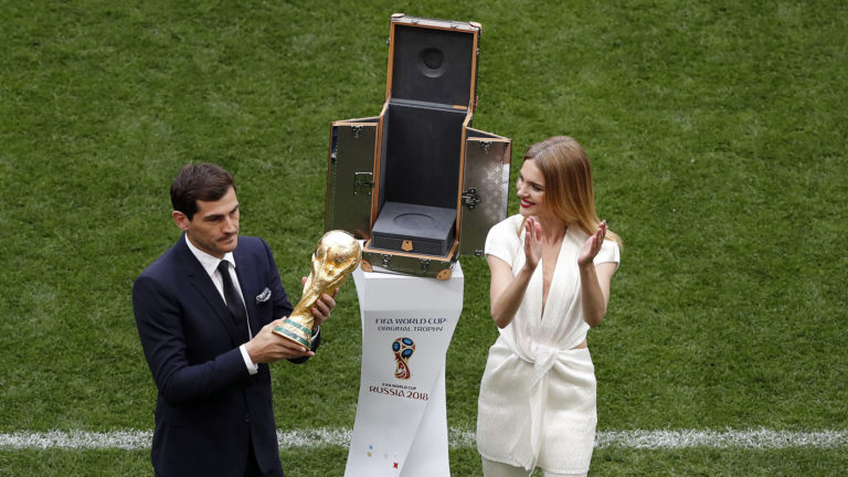 Goalkeeper Iker Casillas of Spain holds the World Cup Trophy before the group A match between Russia and Saudi Arabia which opens the 2018 soccer World Cup at the Luzhniki stadium in Moscow, Russia, Thursday, June 14, 2018. (AP Photo/Darko Bandic)