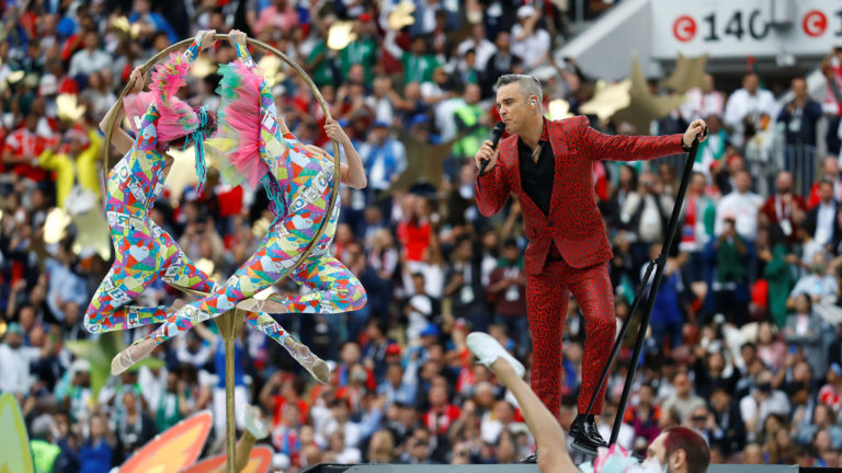 Soccer Football - World Cup - Opening Ceremony - Luzhniki Stadium, Moscow, Russia - June 14, 2018 Robbie Williams performs during the opening ceremony REUTERS/Kai Pfaffenbach