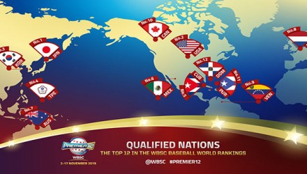 Global Map Top 12 Baseball Nations WBSC Premier12 2019 2