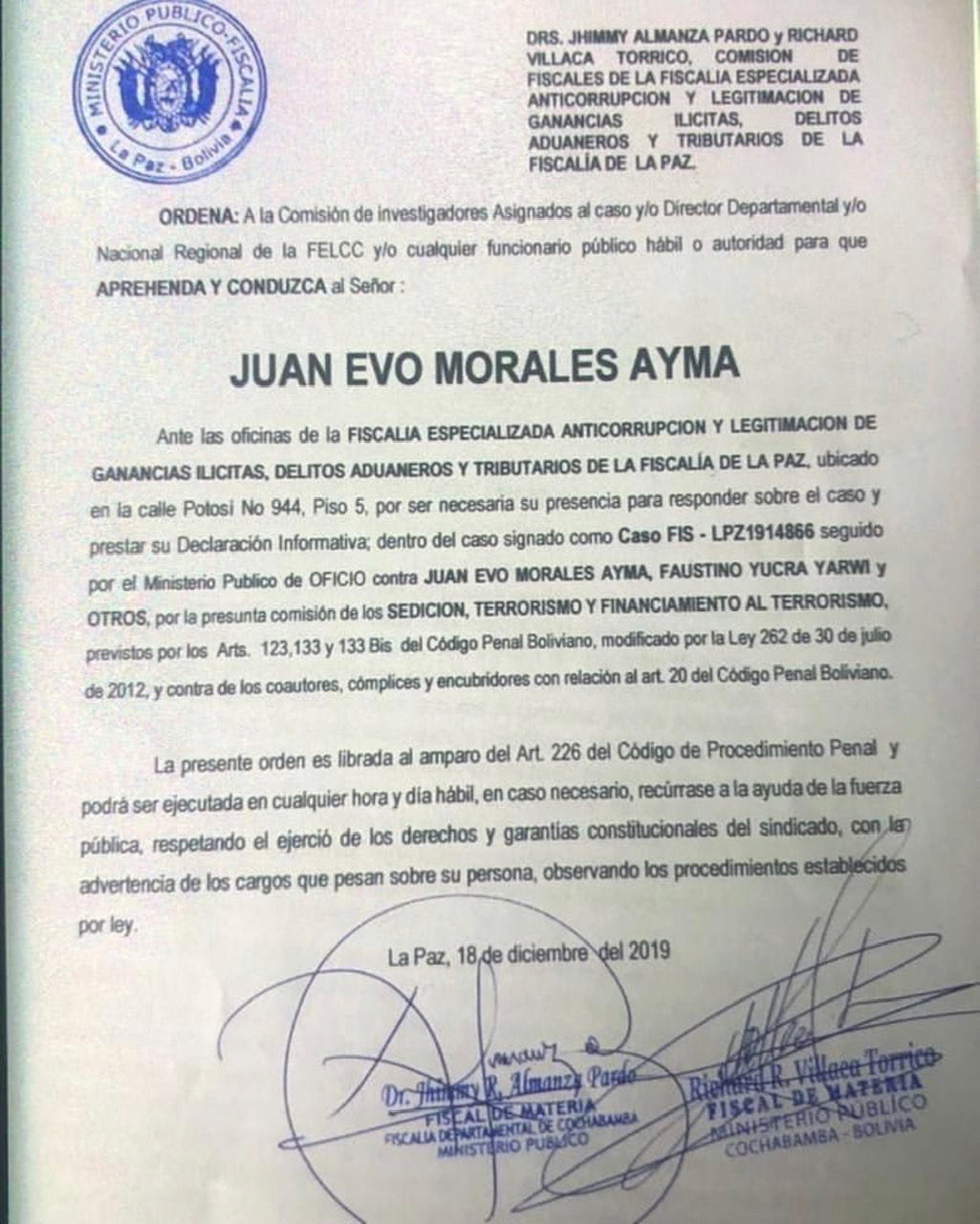Orden de aprehensión contra Evo Morales