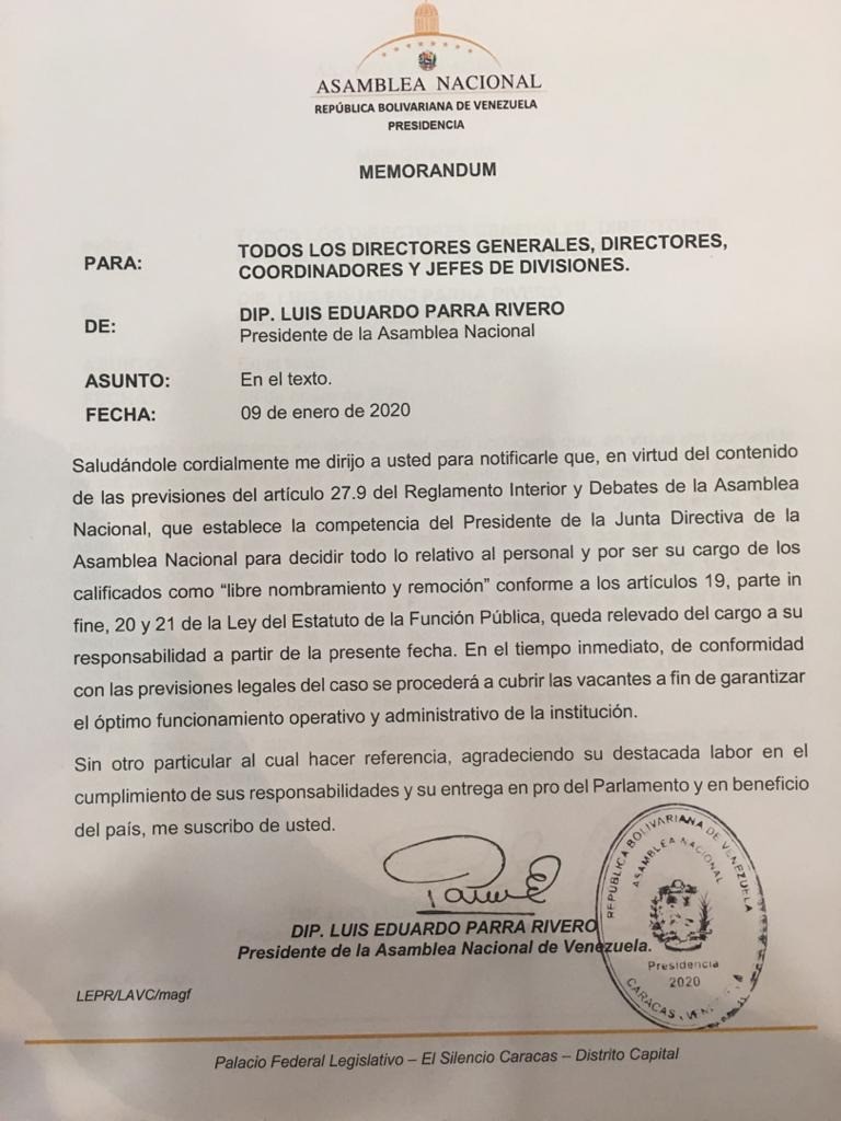 Luis Parra despidió a directores y demás personal de confianza de la AN 2 Memorándum