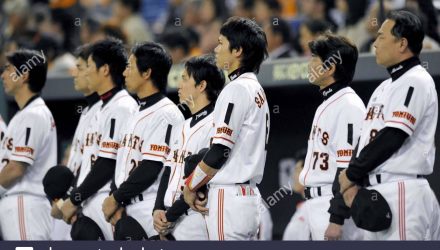 tokyo japan players of the yomiuri giants wear black ribbons on their JNT3WT