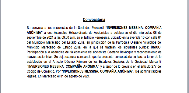Inversiones Messina 1era. convocatoria 1
