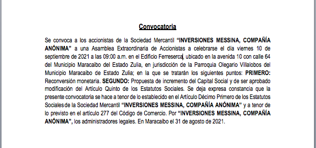 Inversiones Messina 3era. convocatoria