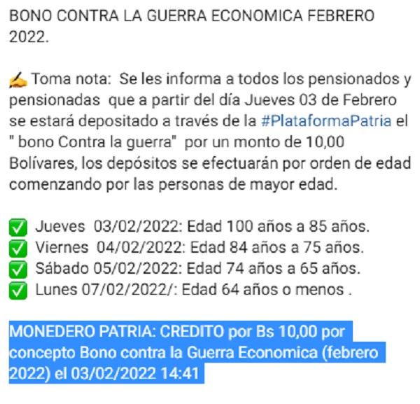 Comenzó pago del bono «Contra la Guerra Económica» para pensionados 2 Bono