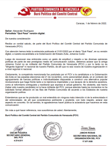 Aclaratoria: Johanna Curiel, excandidata a la gobernación del Zulia no es dirigente del PCV 2 carta pcv e1643990316521