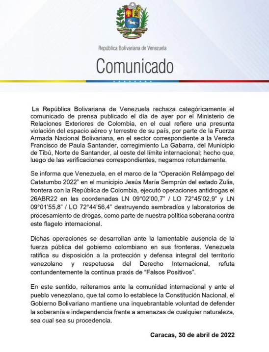 Ministro de Defensa desmintió presunta violación a espacio aéreo colombiano (+comunicado) 2 Captura de pantalla 2022 05 02 a las 16.33.24