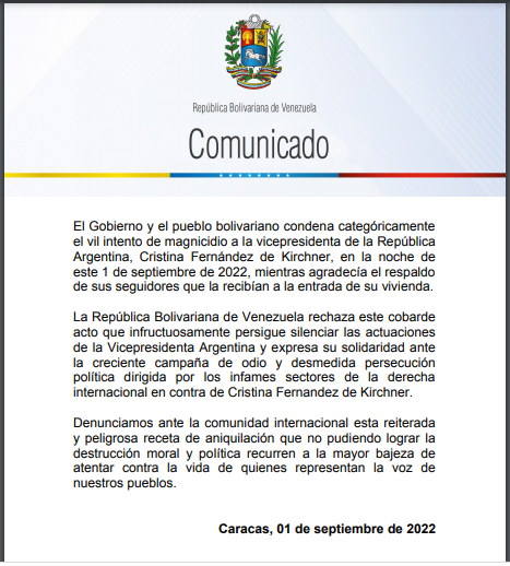 Gobierno venezolano condenó intento de magnicidio contra Cristina Fernández de Kirchner 2 comunicado cristina