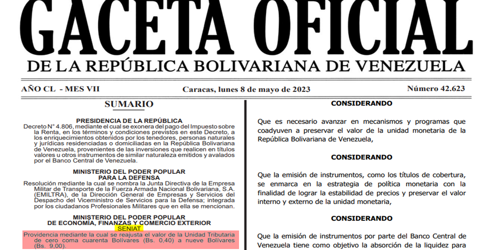 Seniat reajuste valor IVA