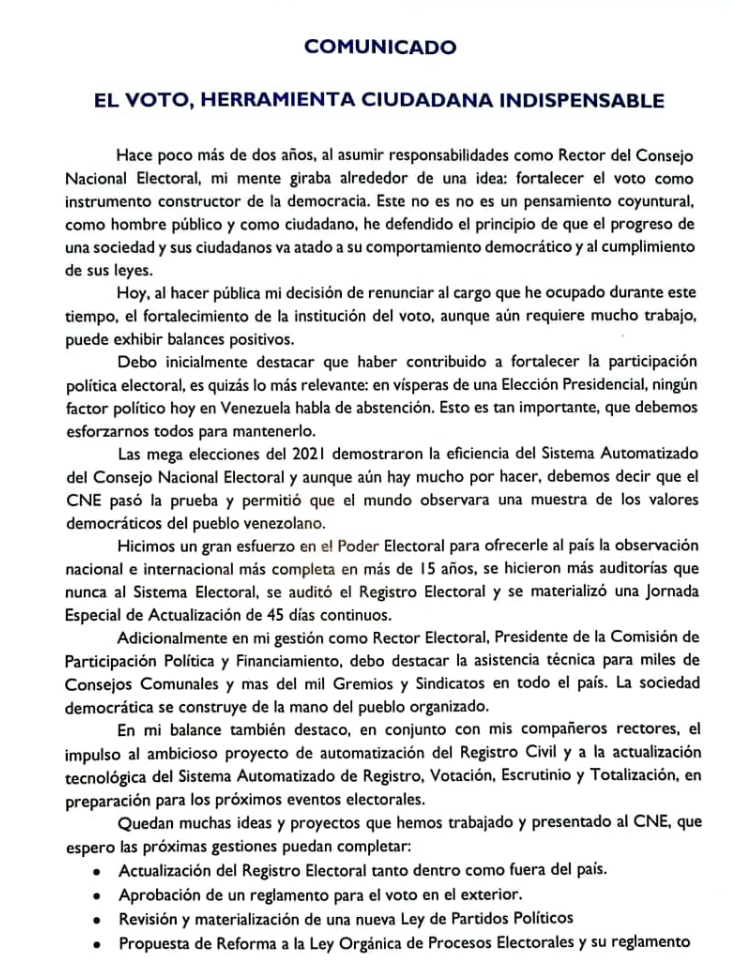 Rector Enrique Márquez también renunció al CNE (+ Comunicado) 2 Captura de pantalla 2023 06 20 a las 15.11.34