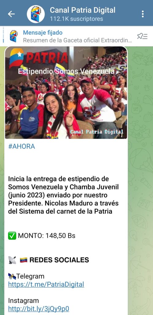 Inició la entrega de los bonos «Somos Venezuela» y «Chamba Juvenil» por el sistema Patria 2 EstipendioSomoVenezuelaChambaJuvenilJunio2023