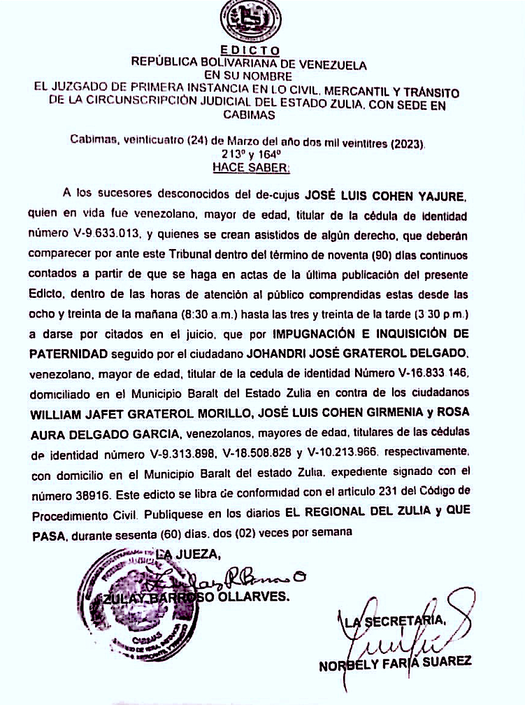 Citacion a los sucesores del De Cujus Jose Luis Cohen Yajure