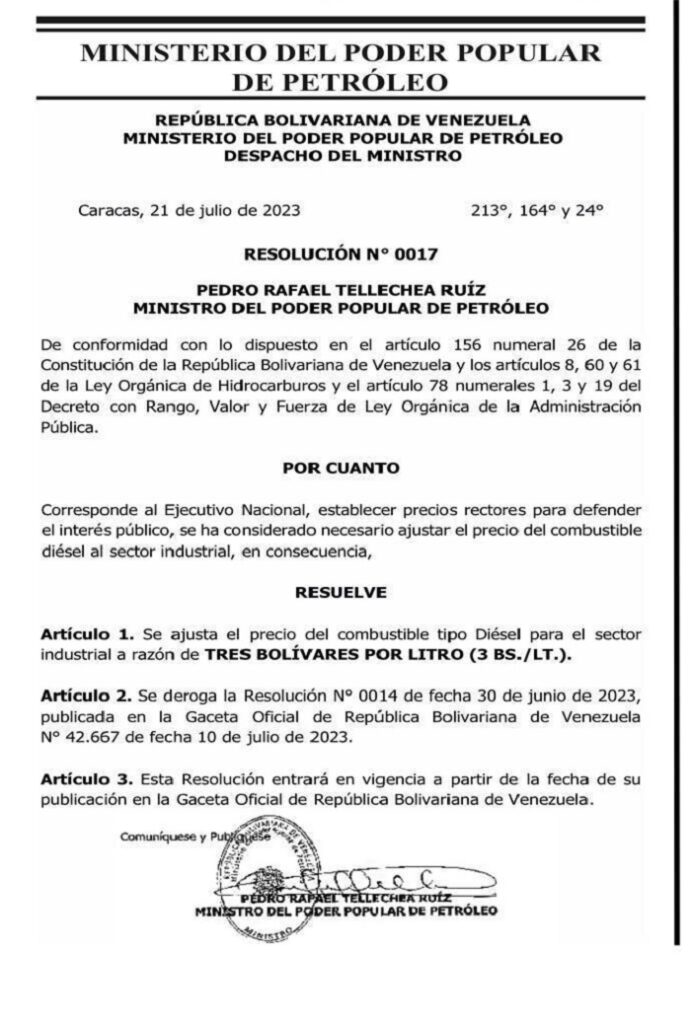 En Gaceta Oficial: Ajustan nuevamente el precio del diésel para el sector industrial 2 NuevoAJustePrecioDieselSectorIndustrial