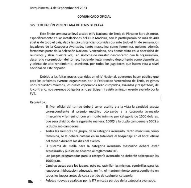 Atletas se pronunciaron contra la Federación Venezolana de Tenis de Playa (+Comunicado) 2 Comunicado Tenis