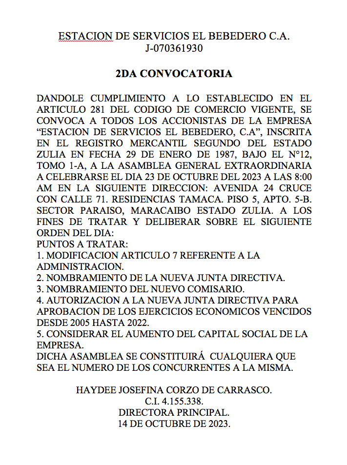 2023 10 14 2nda. CONVOCATORIA ASAMBLEA EL BEBEDERO 2023
