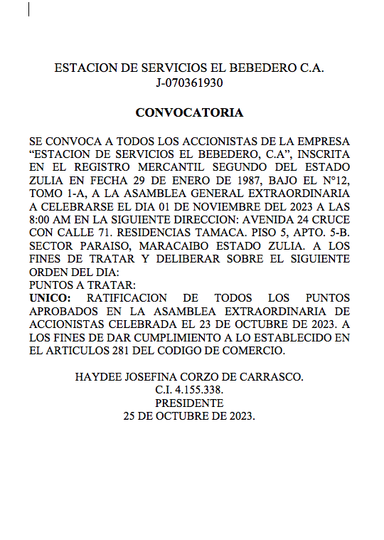 3era. Convocatoria a la Asamblea Extraordinaria de Accionistas de Estacion de Servicio El Bebedero C.A