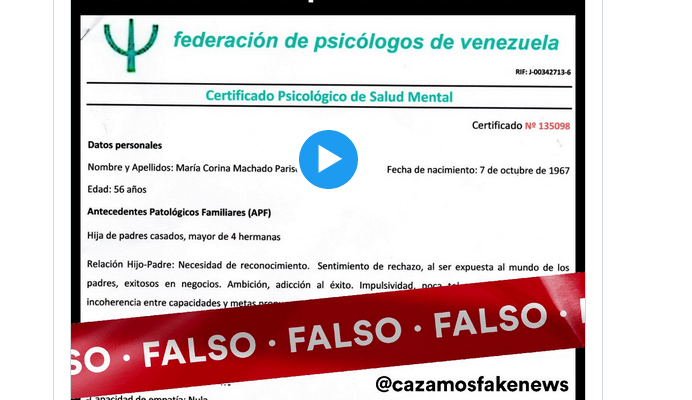 ¿María Corina Machado fue diagnosticada con «trastorno narcisista de la personalidad»? Falso 1 Captura de pantalla 2023 10 30 a las 10.55.14