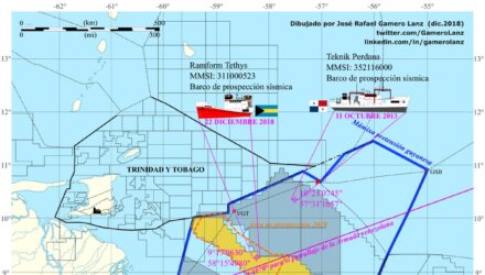 bsurdas pretensiones territoriales de Guyana en línea azul fuerte, frontera marítima actual venezolana con Guyana en línea roja perpendicular que sigue paralelamente la de frontera con Trinidad & Tobago