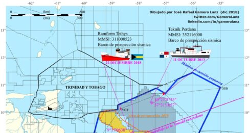 bsurdas pretensiones territoriales de Guyana en línea azul fuerte, frontera marítima actual venezolana con Guyana en línea roja perpendicular que sigue paralelamente la de frontera con Trinidad & Tobago