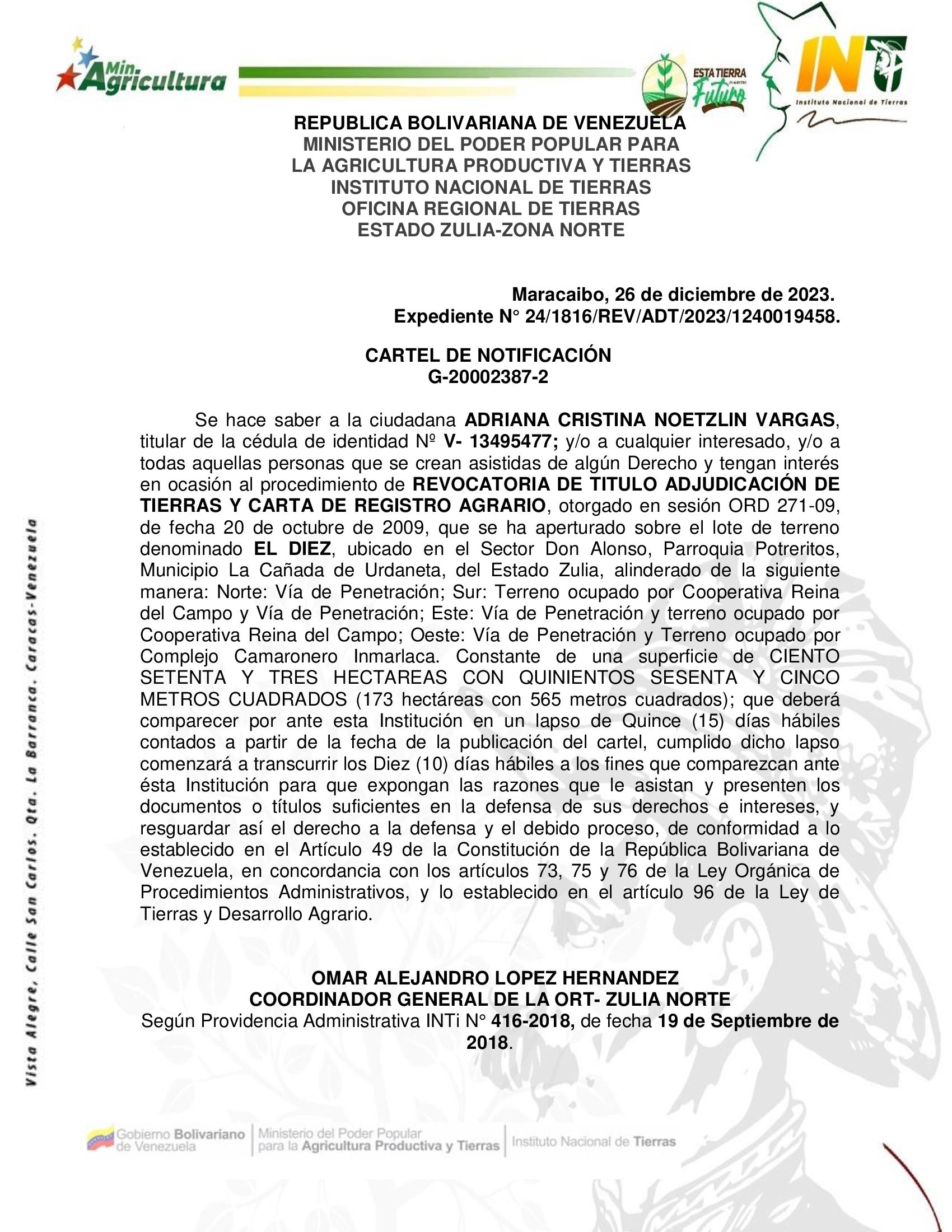 CARTEL DE NOTIFICACION EL DIEZ
