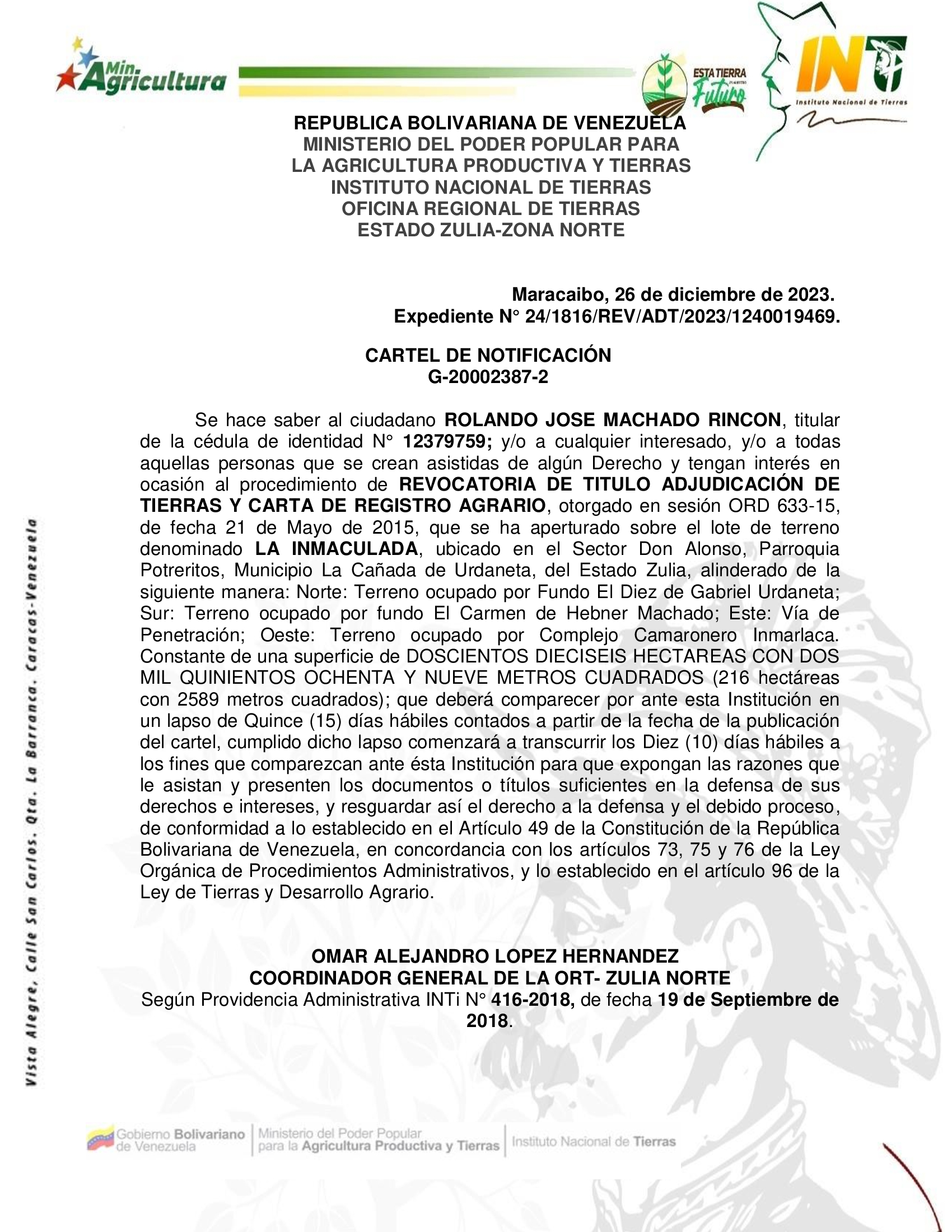 CARTEL DE NOTIFICACION LA INMACULADA
