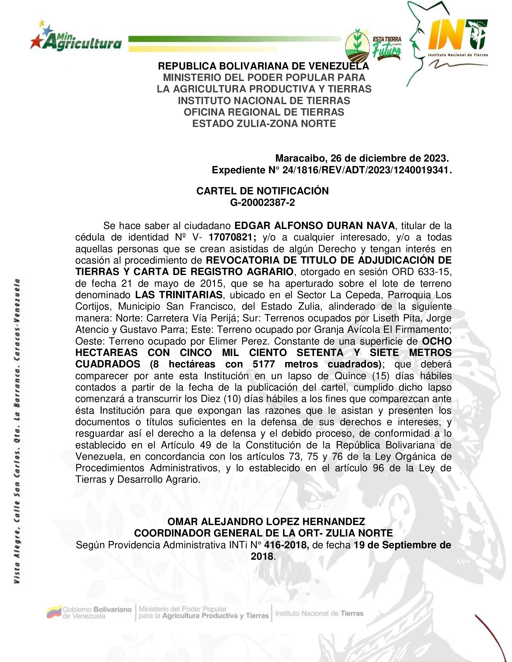 CARTEL DE NOTIFICACION LAS TRINITARIAS