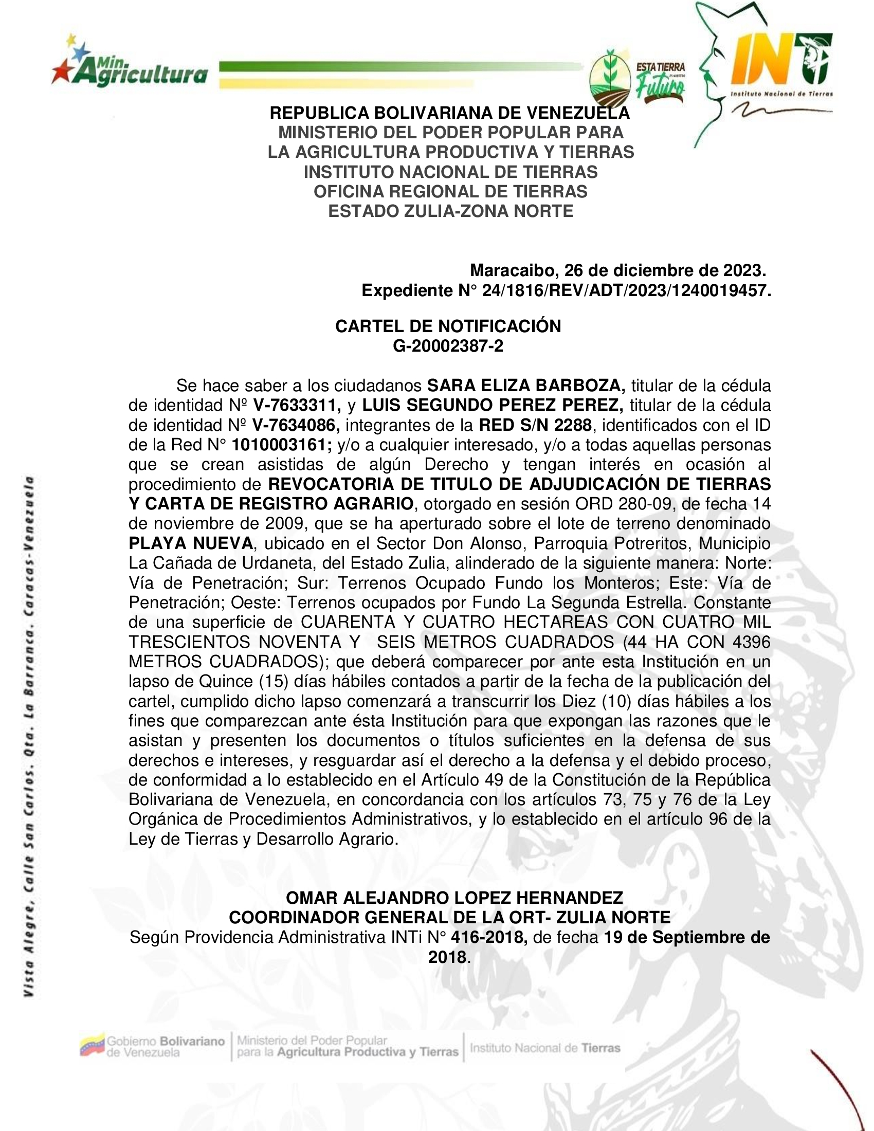 CARTEL DE NOTIFICACION PLAYA NUEVA
