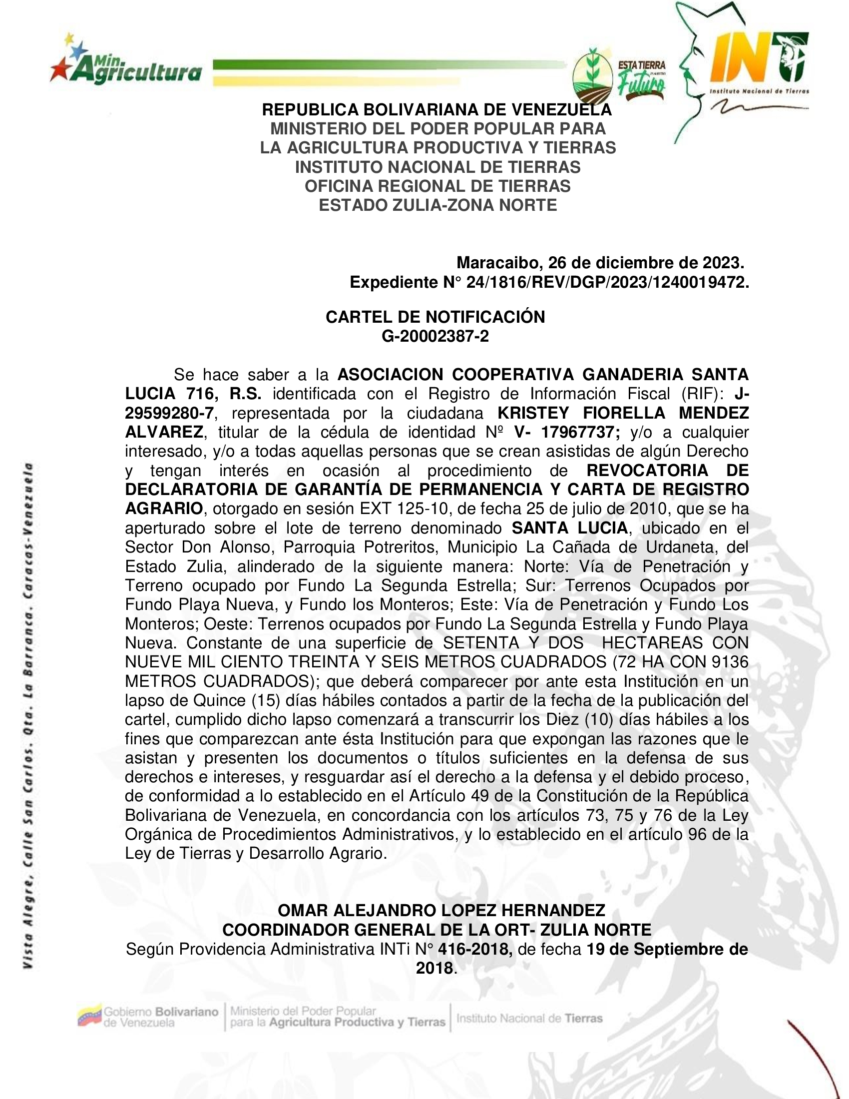 CARTEL DE NOTIFICACION SANTA LUCIA