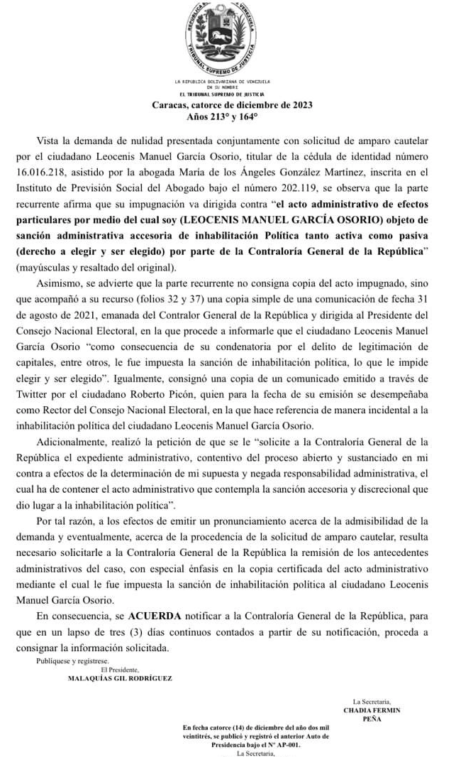 Caso de Leocenis García: El TSJ solicitó información a la Contraloría General de la República 2 Captura de pantalla 2023 12 16 a las 16.19.19