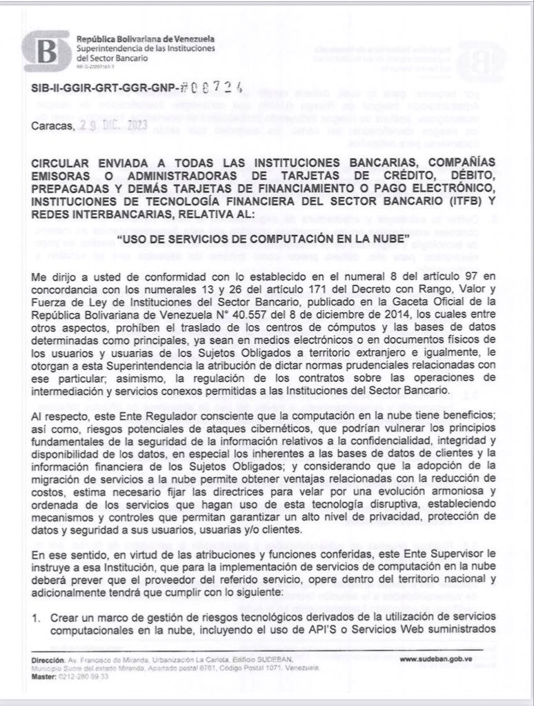 CIRCULAR COMPUTACION DE NUBE SUDEBAN 1