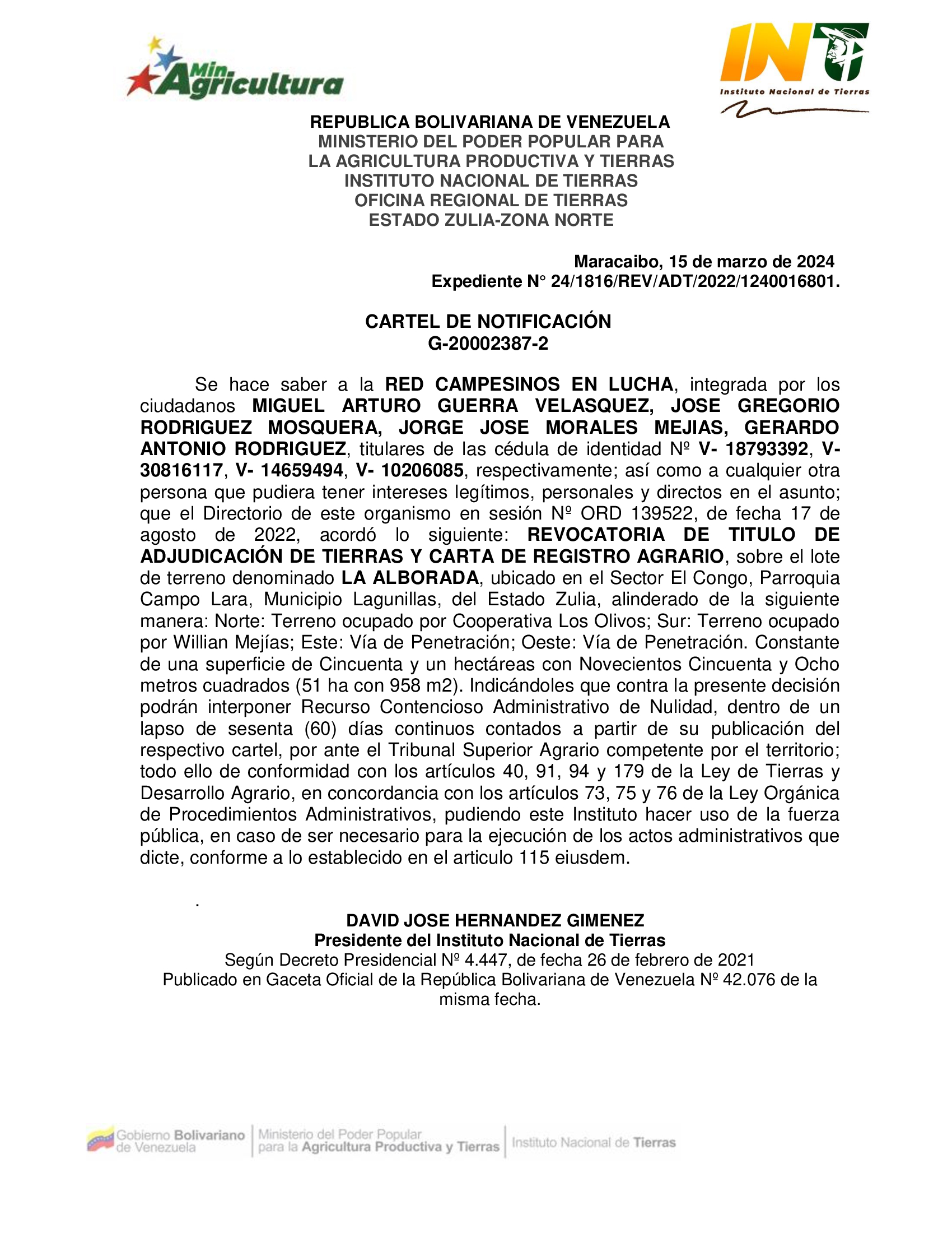 Cartel de Notificacion LA ALBORADA Revocatoria Definitivo