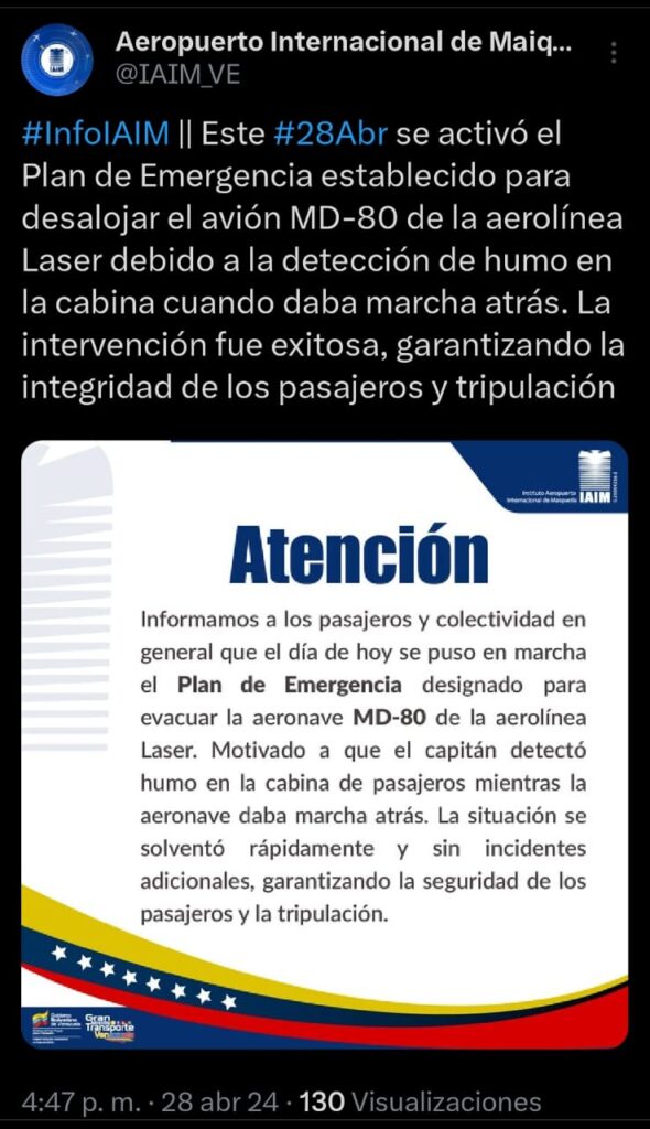 IAIM: Presencia de humo en la cabina de pasajeros motivó evacuación de aeronave de aerolínea Laser 2 Avión de Laser