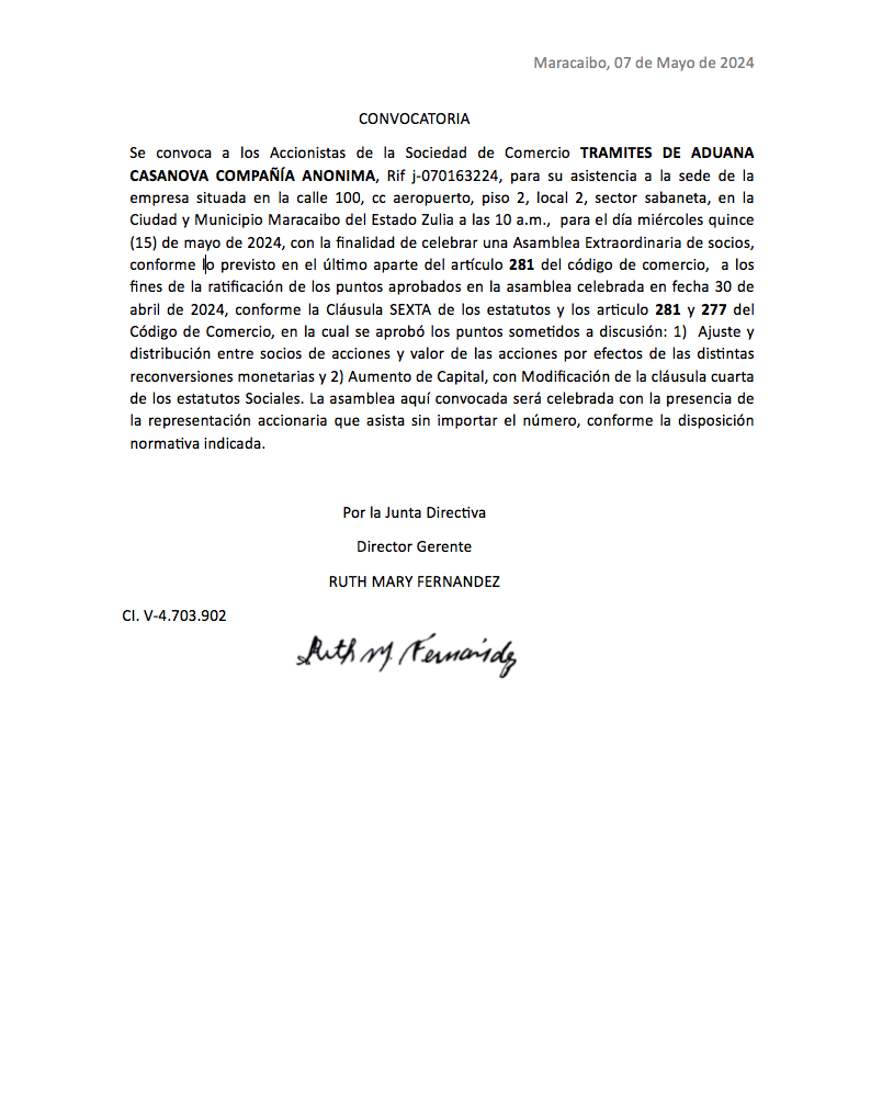 Sociedad de Comercio TRAMITES DE ADUANA CASANOVA COMPANIA ANONIMA