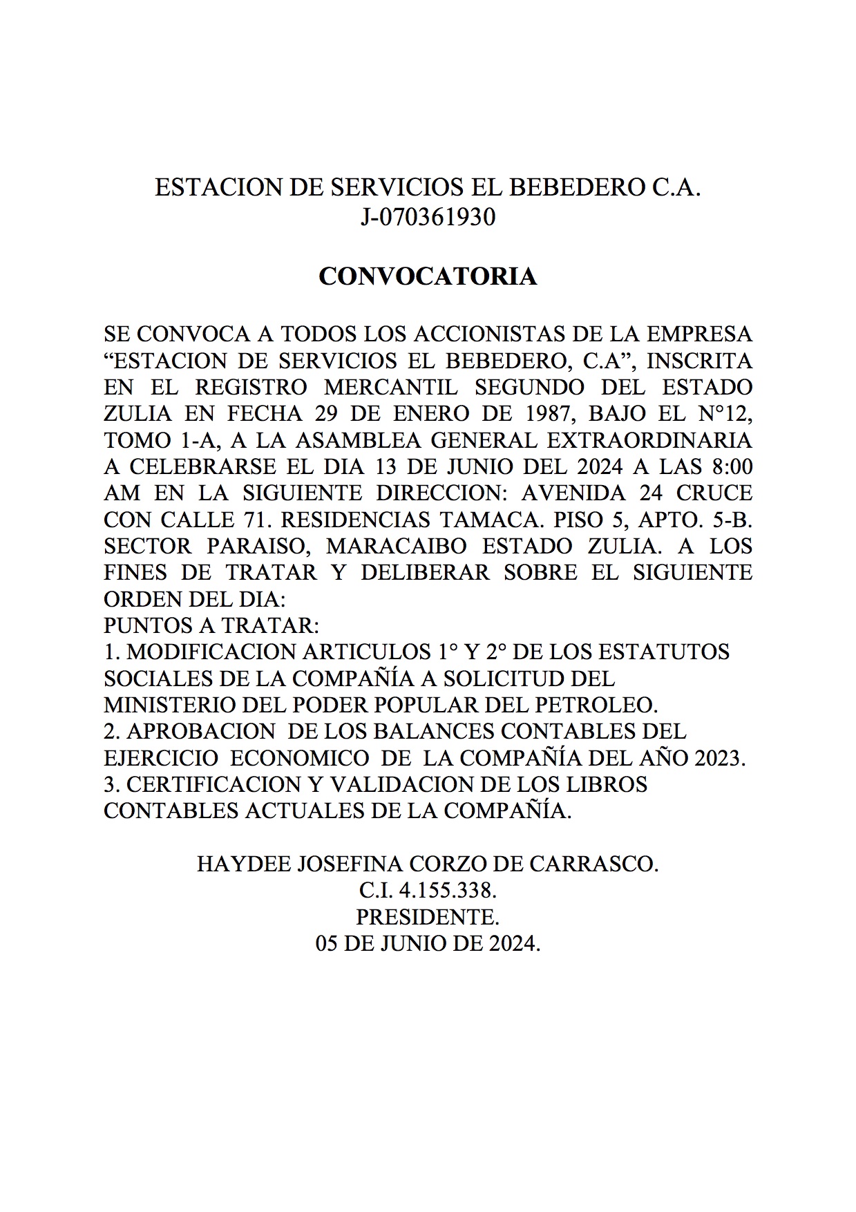 CONVOCATORIA ASAMBLEA EL BEBEDERO 2024