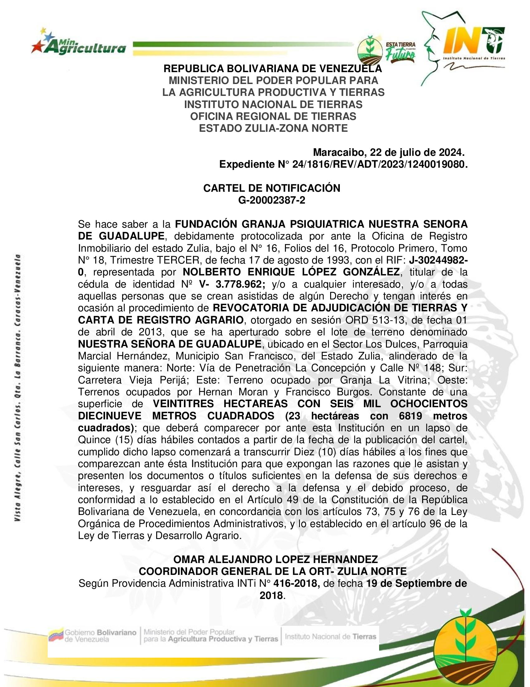 CARTEL DE NOTIFICACION NUESTRA SENORA DE GUADALUPE
