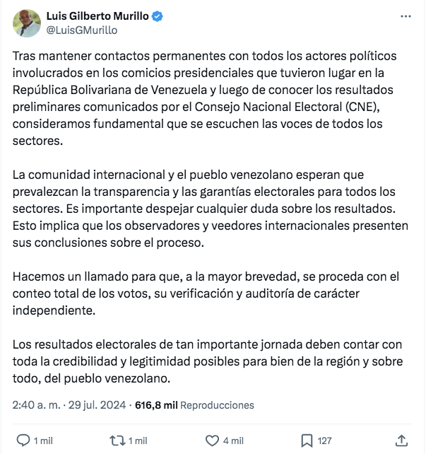 Cancillería colombiana: Es importante despejar cualquier duda sobre los resultados electorales en Venezuela 2 Captura de pantalla 2024 07 29 a las 9.46.46