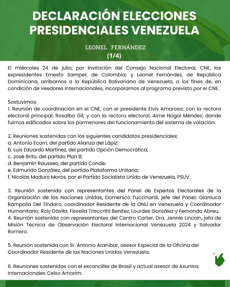 Expresidentes Ernesto Samper (Colombia) y Leonel Fernández (República Dominicana) piden publicación de actas de votación y otras consideraciones (Tenemos el comunicado completo) 3 Captura de pantalla 2024 07 30 a las 15.58.50