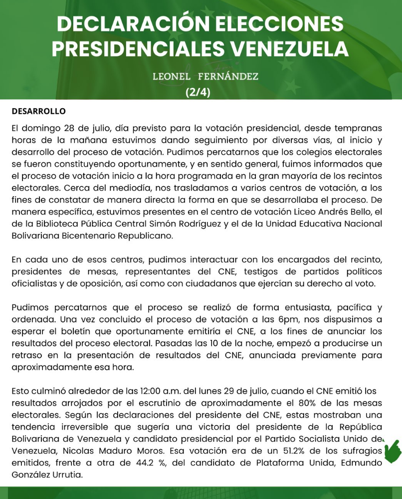 Expresidentes Ernesto Samper (Colombia) y Leonel Fernández (República Dominicana) piden publicación de actas de votación y otras consideraciones (Tenemos el comunicado completo) 4 Captura de pantalla 2024 07 30 a las 15.59.06