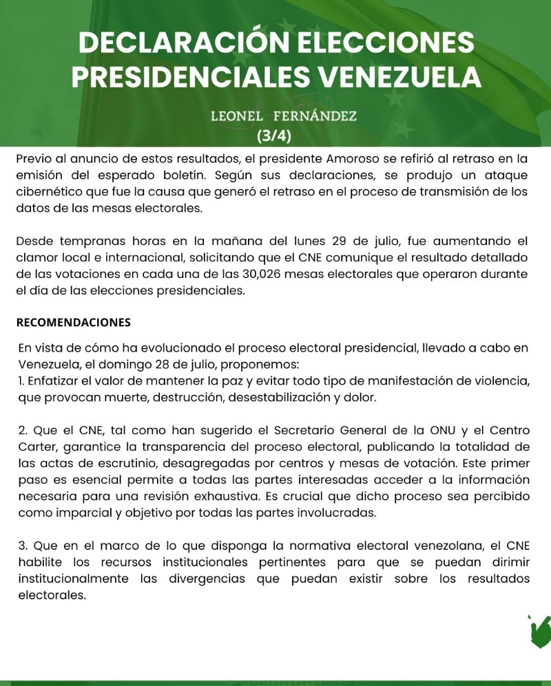 Expresidentes Ernesto Samper (Colombia) y Leonel Fernández (República Dominicana) piden publicación de actas de votación y otras consideraciones (Tenemos el comunicado completo) 5 Captura de pantalla 2024 07 30 a las 15.59.22