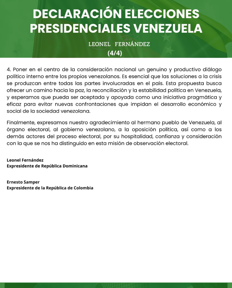 Expresidentes Ernesto Samper (Colombia) y Leonel Fernández (República Dominicana) piden publicación de actas de votación y otras consideraciones (Tenemos el comunicado completo) 6 Captura de pantalla 2024 07 30 a las 15.59.41