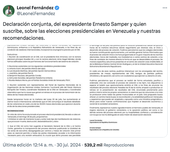Expresidentes Ernesto Samper (Colombia) y Leonel Fernández (República Dominicana) piden publicación de actas de votación y otras consideraciones (Tenemos el comunicado completo) 2 Captura de pantalla 2024 07 30 a las 16.00.21