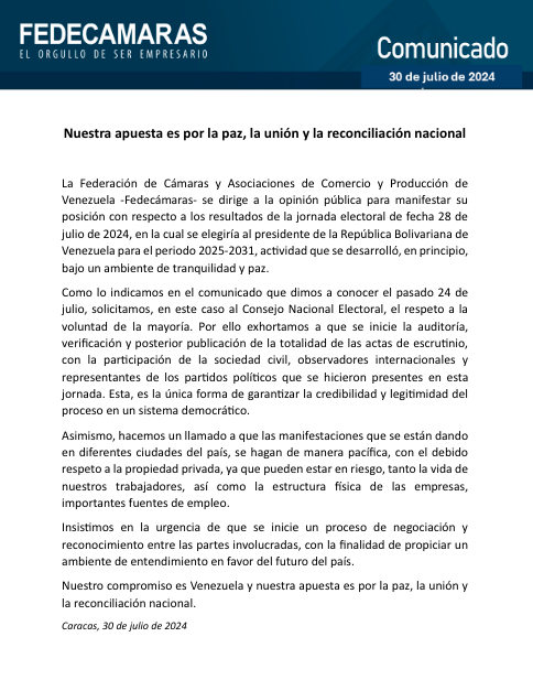 Fedecámaras: Exhortamos a una verificación y publicación de las actas... por la paz, la unión y la reconciliación nacional (+comunicado) 2 Captura de pantalla 2024 07 30 a las 6.13.10 p. m