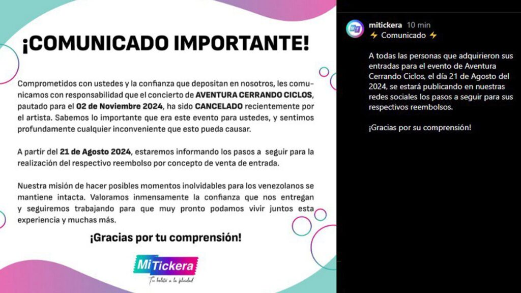 Aventura canceló la gira «Cerrando Ciclos» en Caracas 2 Aventura comunicado