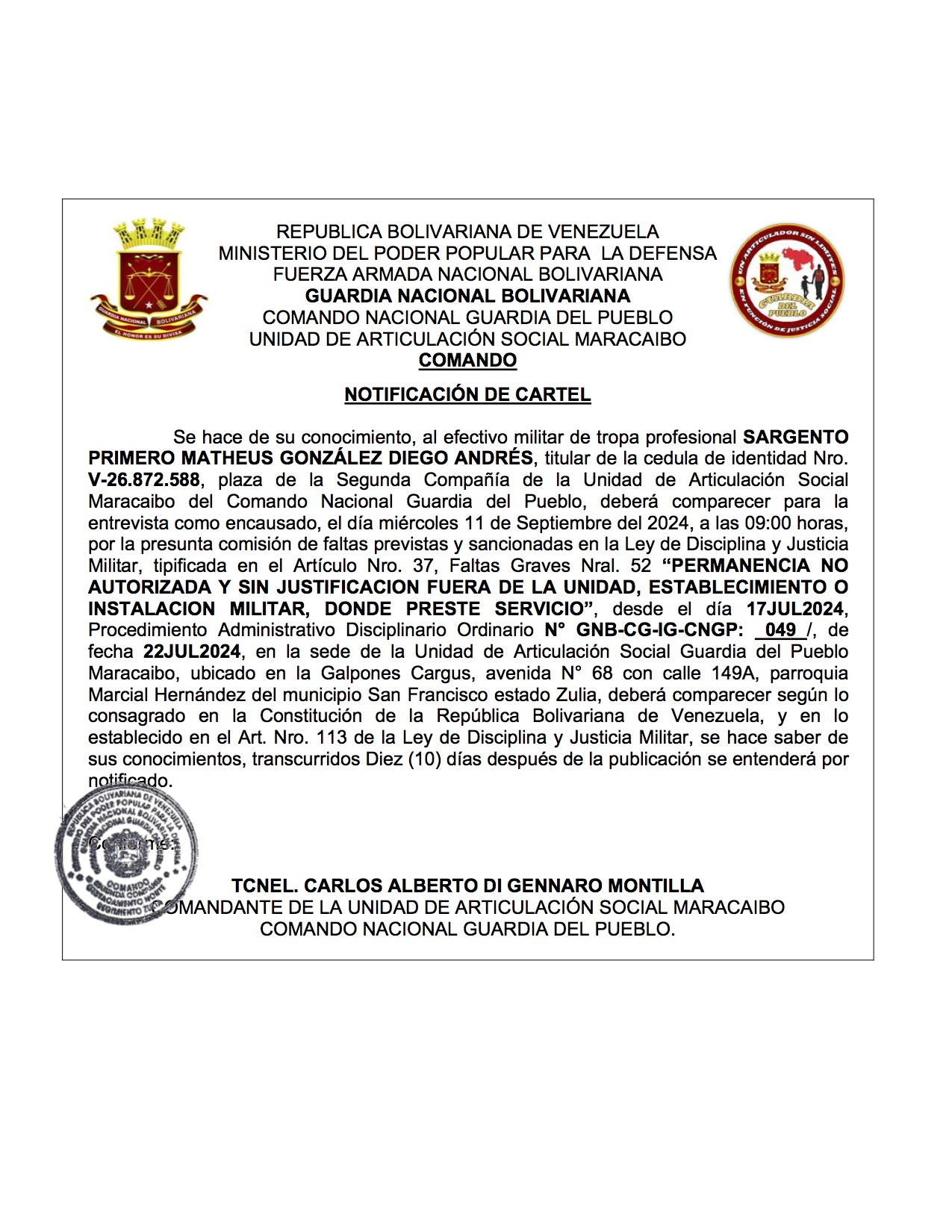 Guardia del Pueblo. Notificacion de Prensa 2