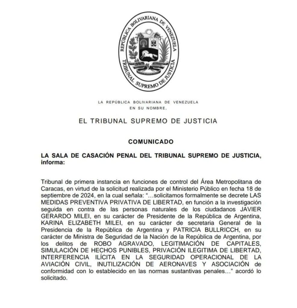 TSJ emitió una orden de detención «preventiva» contra Milei 2 Comunicado orden de detencion contra Milei