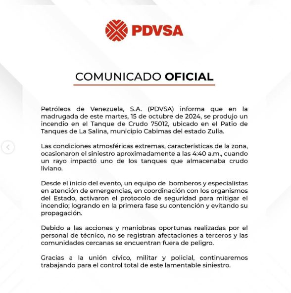 PDVSA ratificó que condiciones atmosféricas ocasionaron siniestro en el tanque de crudo 2 PDVSA